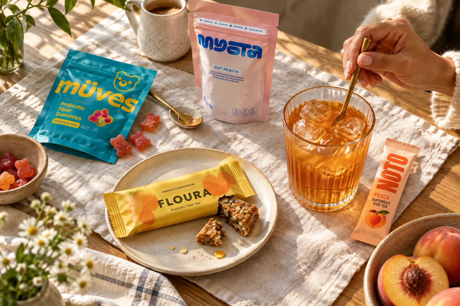 Lifestyle illustration of fiber products and a glass of iced tea on a breakfast table