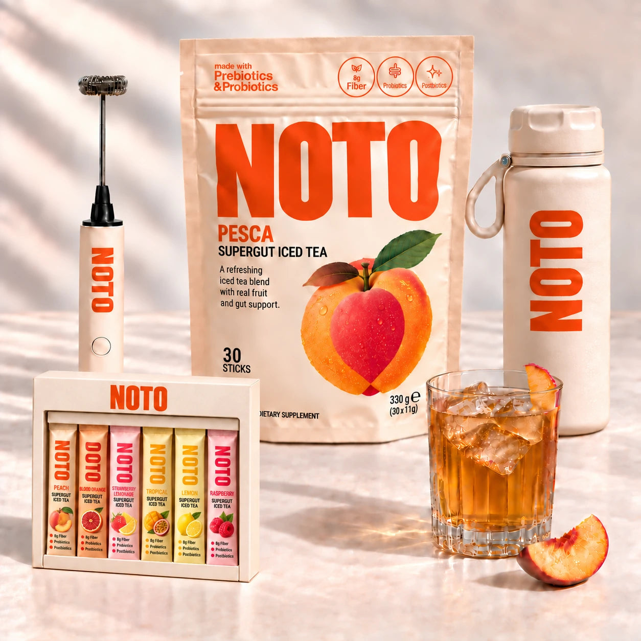 NOTO Peach welcome kit with iced tea, mixer, bottle and discovery pack