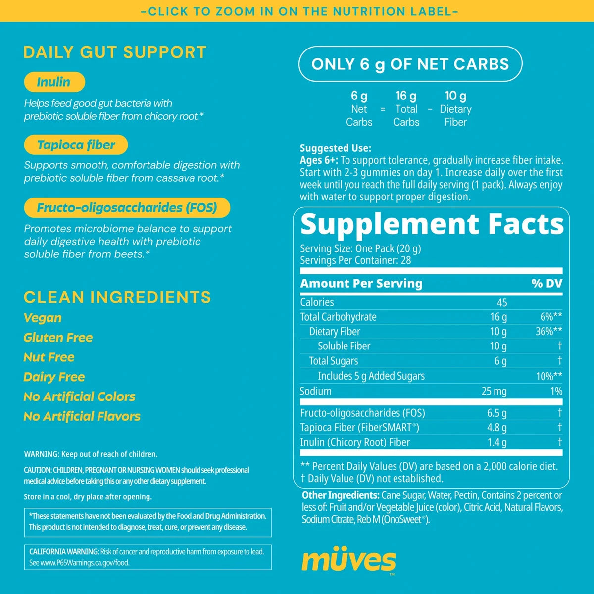 Müves Low Sugar Nutrition Facts showing 10 grams of fiber and 6 grams of total sugar per pack