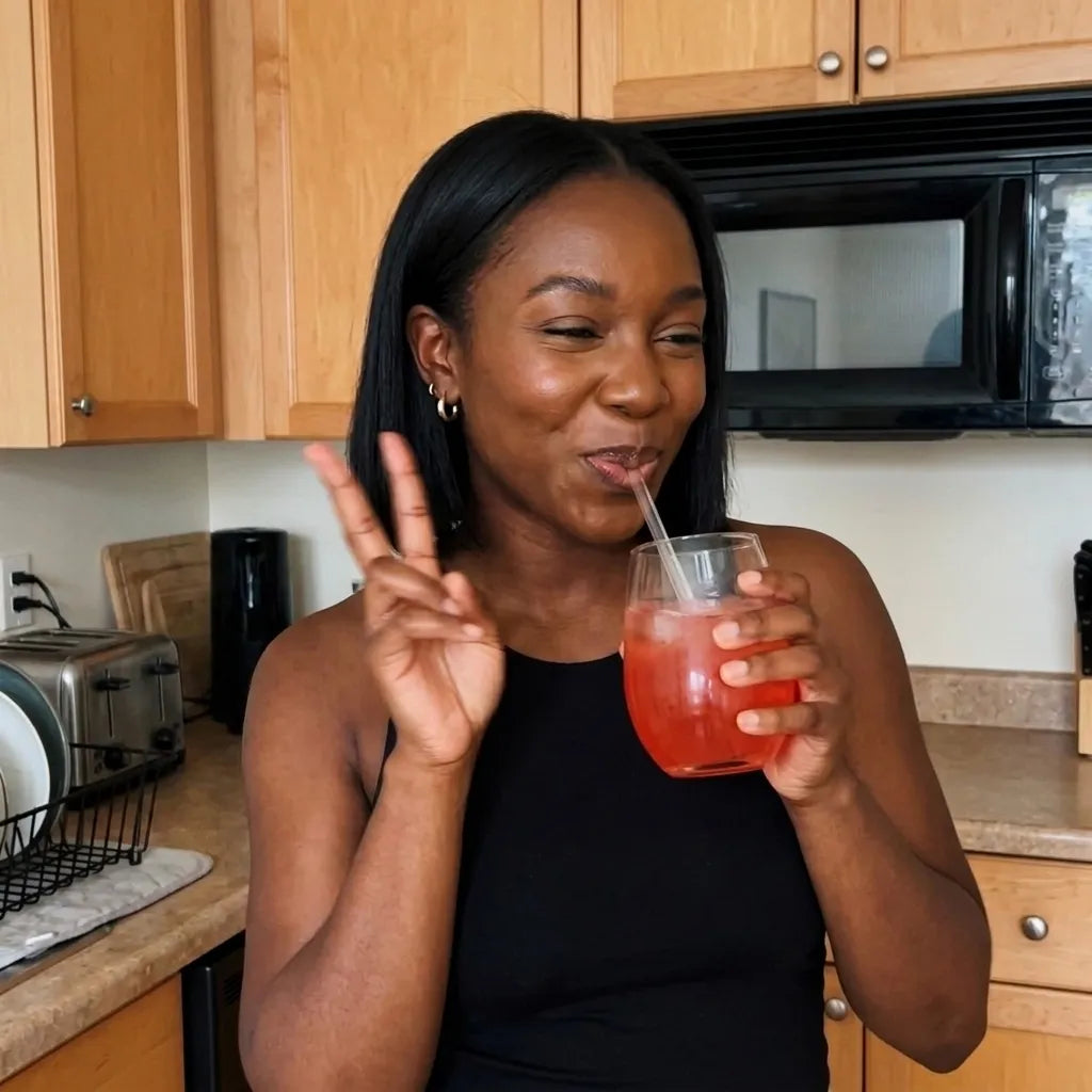 Enjoying NOTO iced tea in the kitchen
