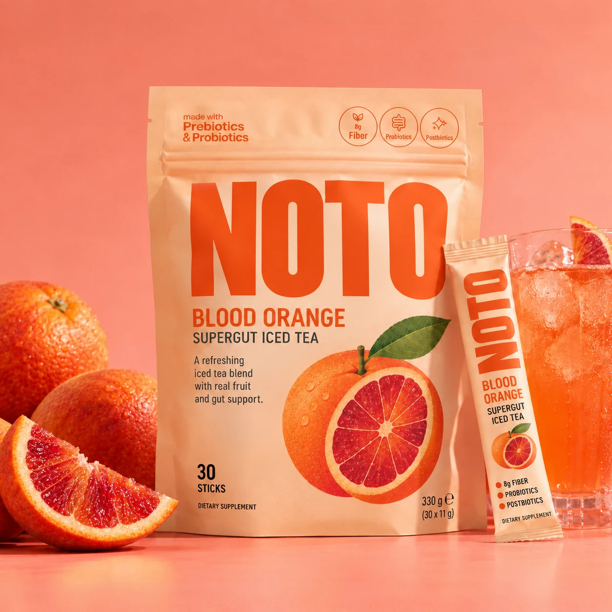 NOTO Blood Orange pouch, stick and iced tea