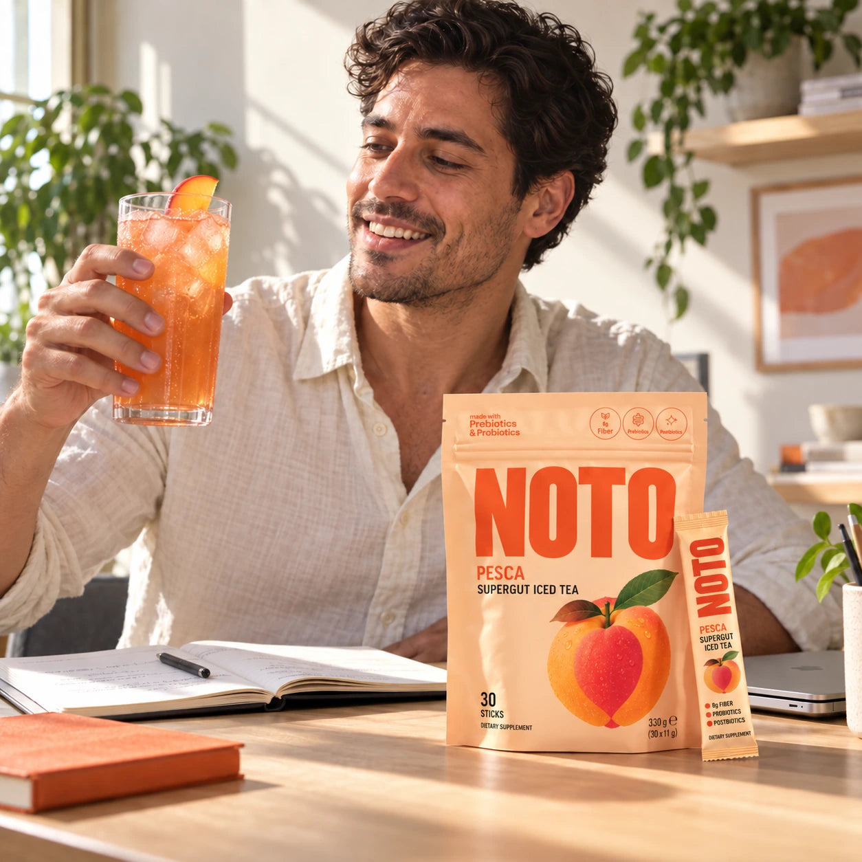 An afternoon NOTO iced-tea break at a home desk