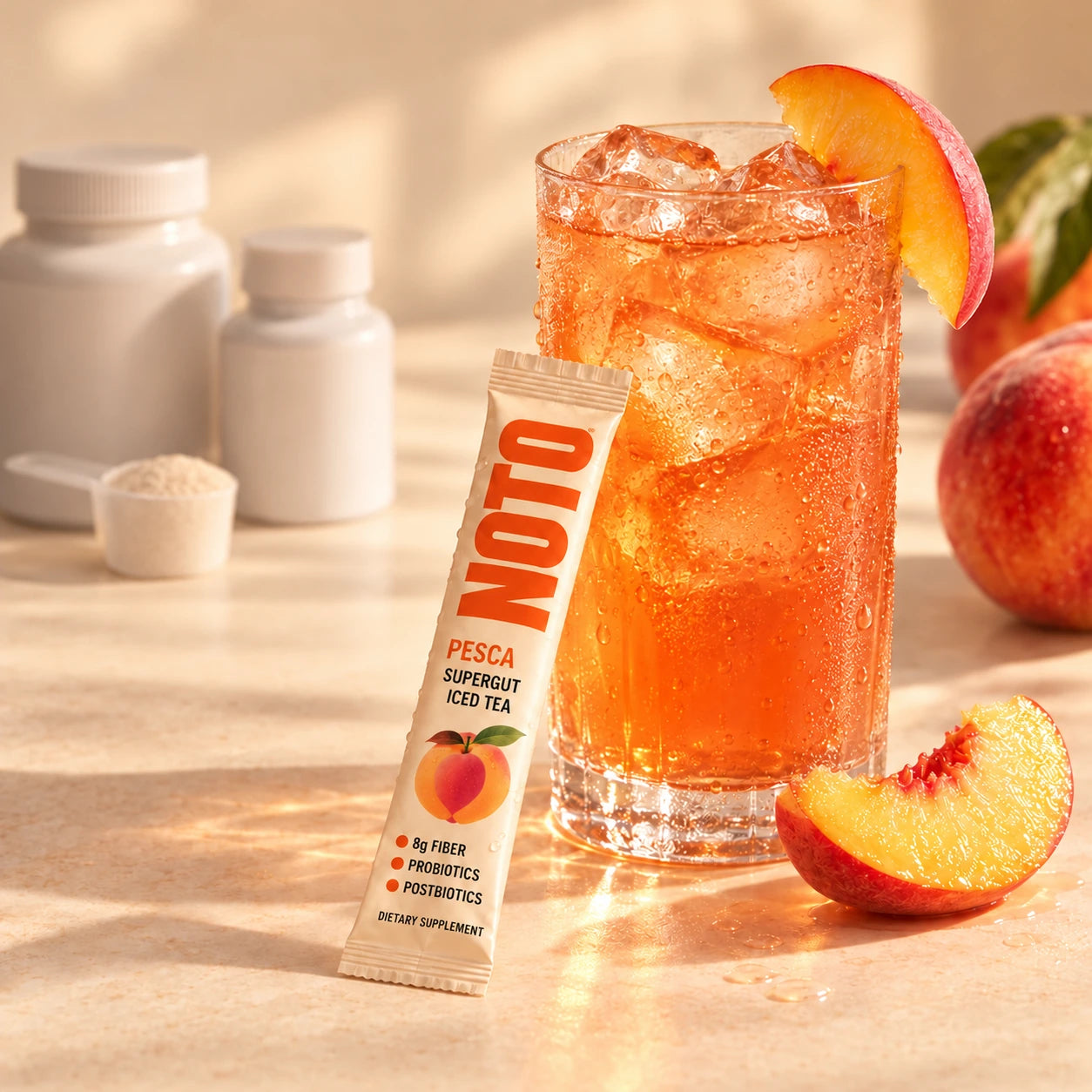 NOTO peach iced tea beside a generic supplement routine