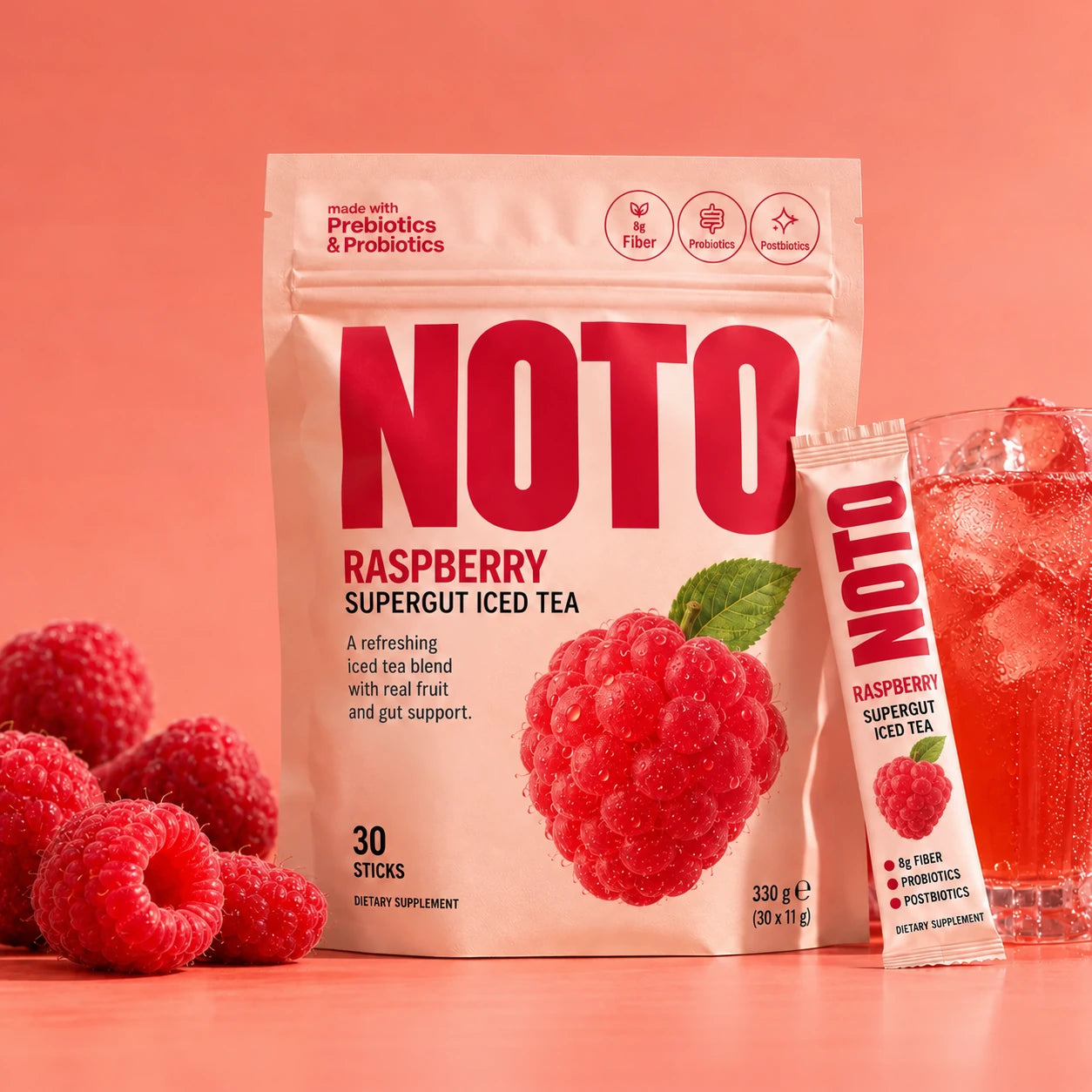 NOTO Raspberry pouch, stick and iced tea