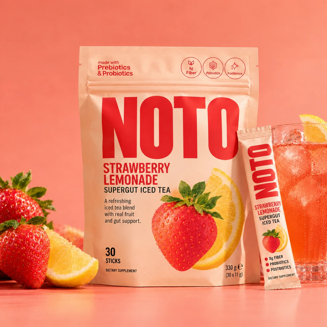 NOTO Strawberry Lemonade pouch, stick and iced tea
